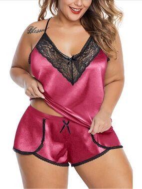 Plus Size Satin Lace Cami & Short Sleep Set in Raspberry Pink